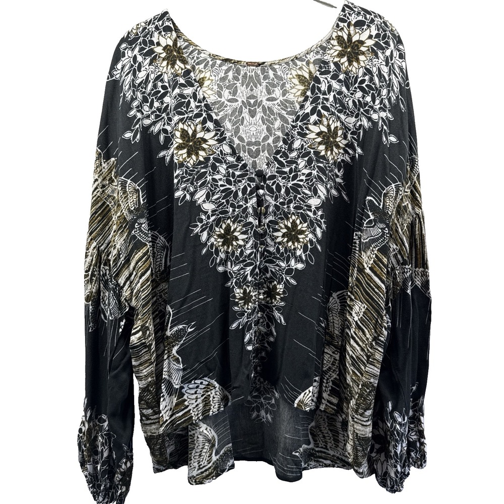 Free People Birds of a Feather Floral Blouse Black Yellow Bohemian Small Tunic